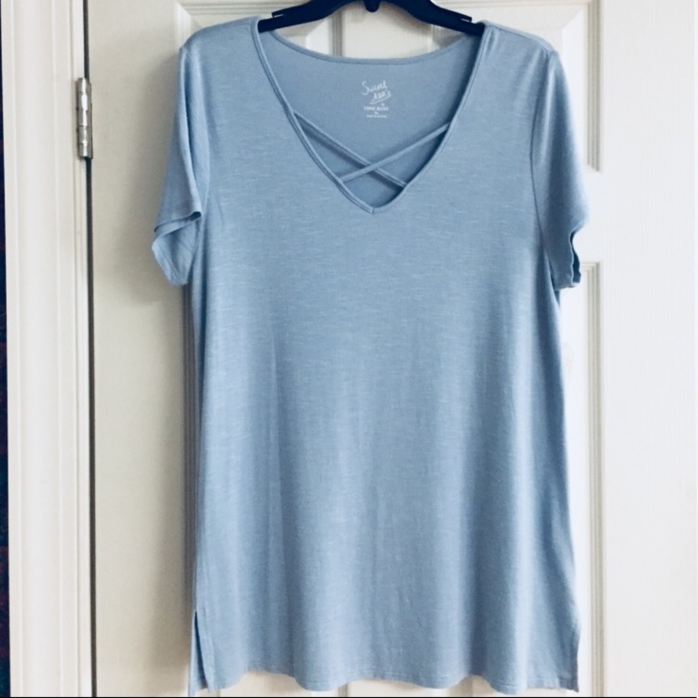 Pink Rose light blue tee with criss cross in front